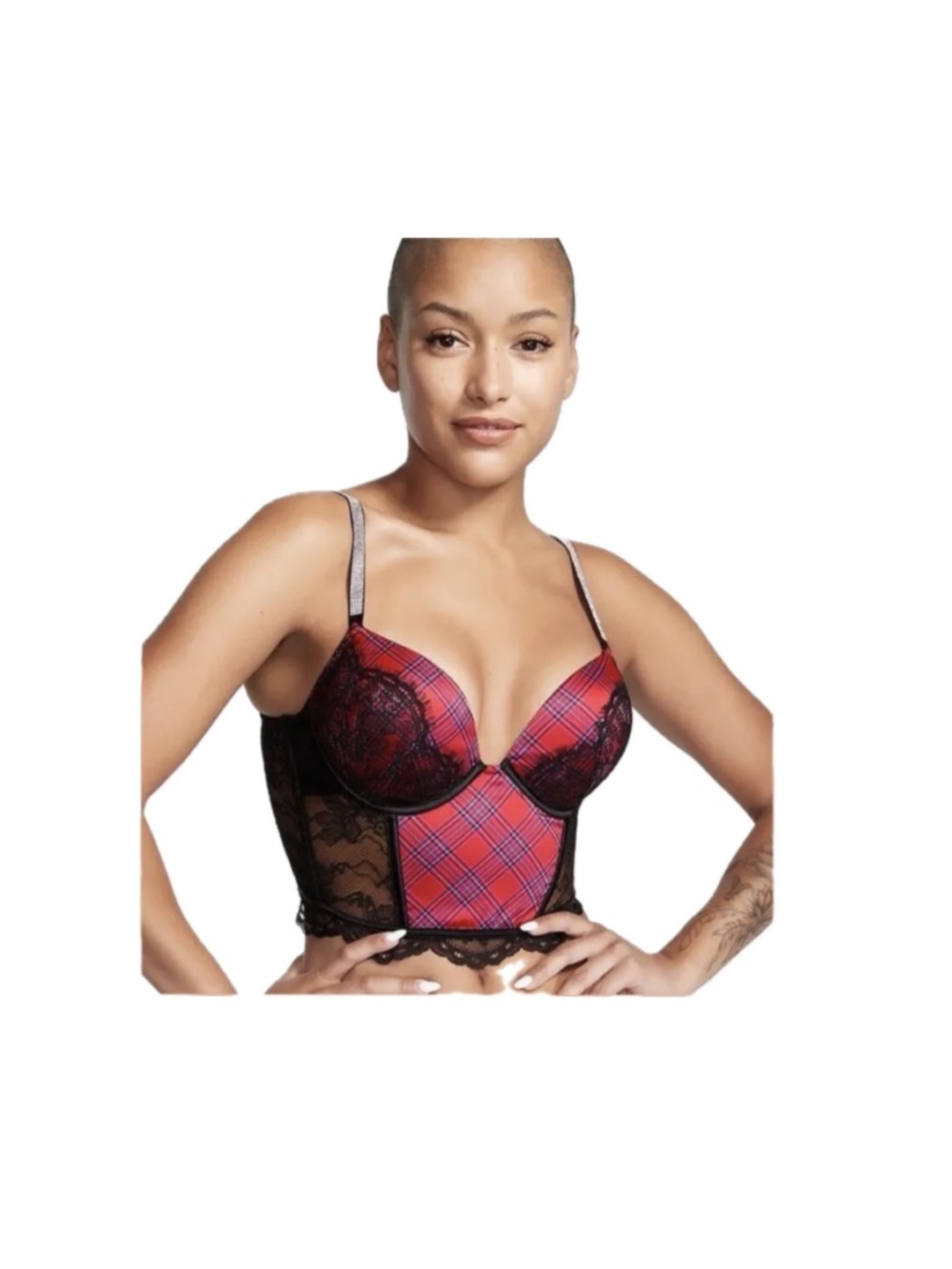 Victoria secret Bombshell Add 2 Cups Push up 34A Longline Lace Plaid NWT